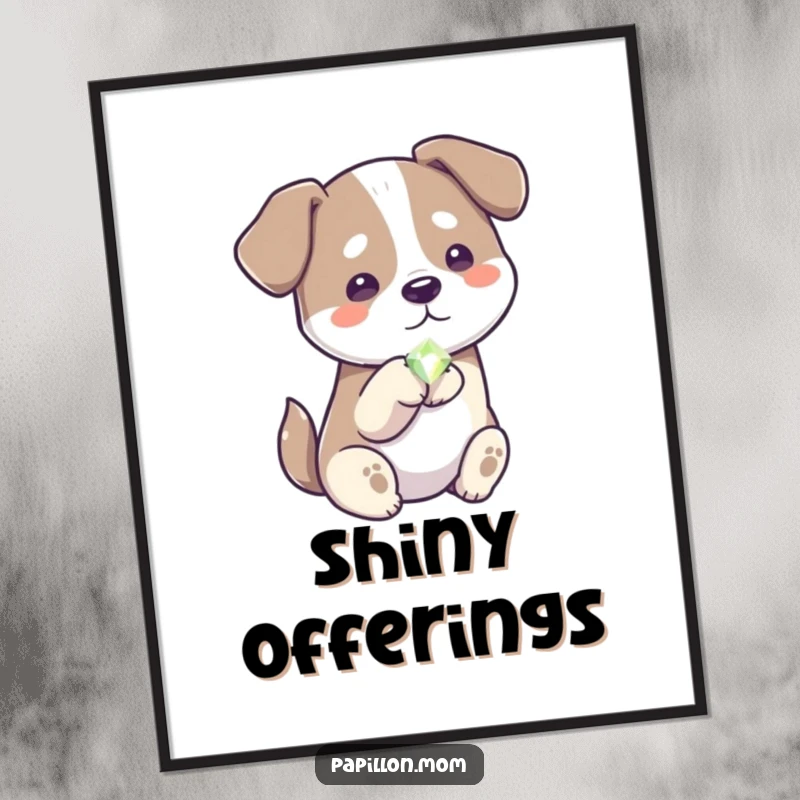 Funny generous dog digital art print, download of a dog offering a small, shiny gem with its paw.