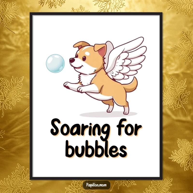 Funny digital art print of a dog with prominent wings, playfully chasing a floating bubble; high-resolution, printable wall art.