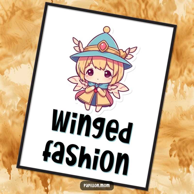 Funny digital art print of a character wearing a small, elegant hat with wings, exuding sophisticated charm and whimsical elegance.