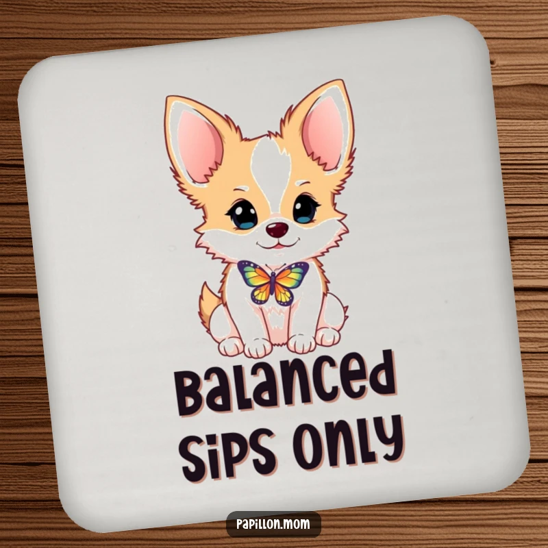 Funny Papillon dog coasters with a dog balancing a butterfly on its nose, protecting surfaces with humor and charm.