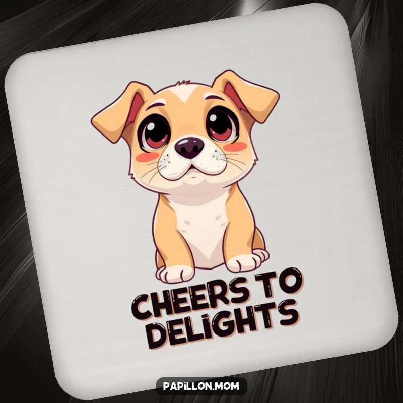 Funny adoring dog coasters, featuring a dog's wide, affectionate eyes, adding charm to tabletops.