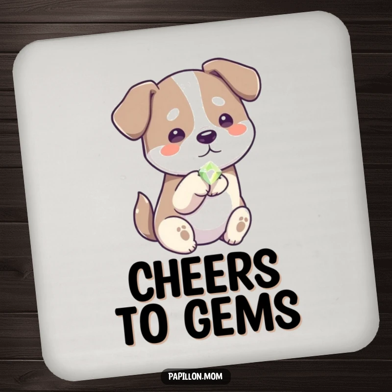 Funny generous dog coasters, featuring a dog offering a shiny gem, symbolizing kindness and protecting surfaces.