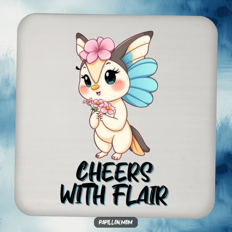 Funny Kawaii Papillon Lady drink coaster showing a dog gracefully offering a flower, protecting surfaces with sweet, humorous elegance.