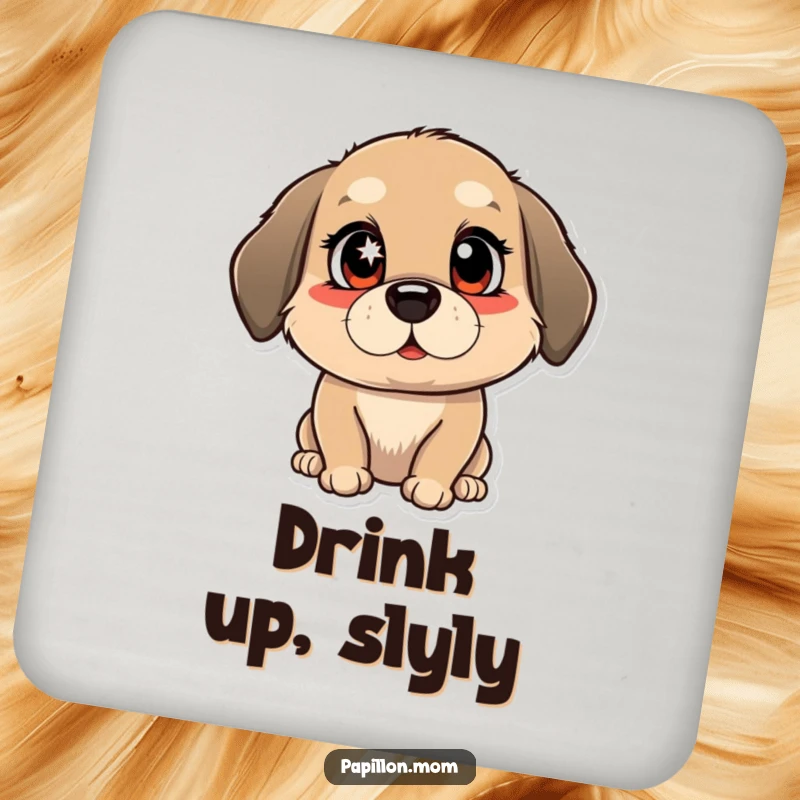 Funny drink coaster with a dog winking with a bright, mischievous sparkle in its eyes; protects surfaces with canine charm.