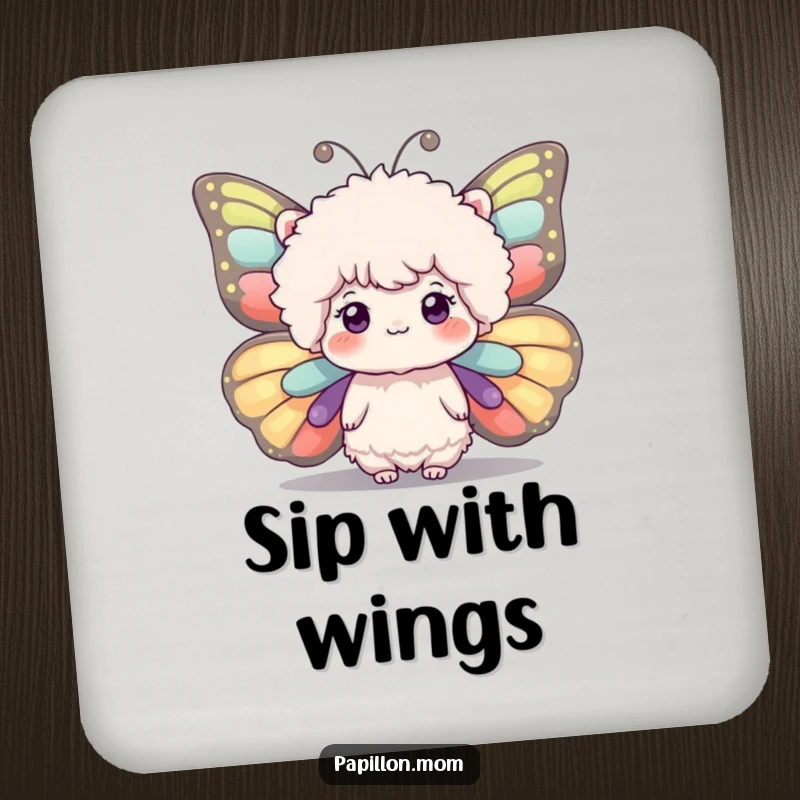 Funny drink coaster featuring a fluffy head with large, expressive butterfly wings, adding a whimsical and charming touch.