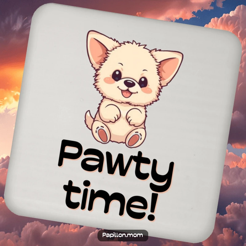 Funny drink coaster with a small, fluffy dog, large ears, happily fluttering its paws; protects surfaces with canine charm.