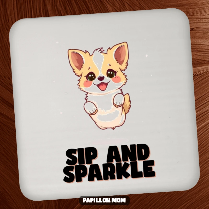 Funny Kawaii Papillon Dog Coaster with a Papillon dog leaping playfully with a joyful sparkle in its eyes, protecting surfaces with joy.