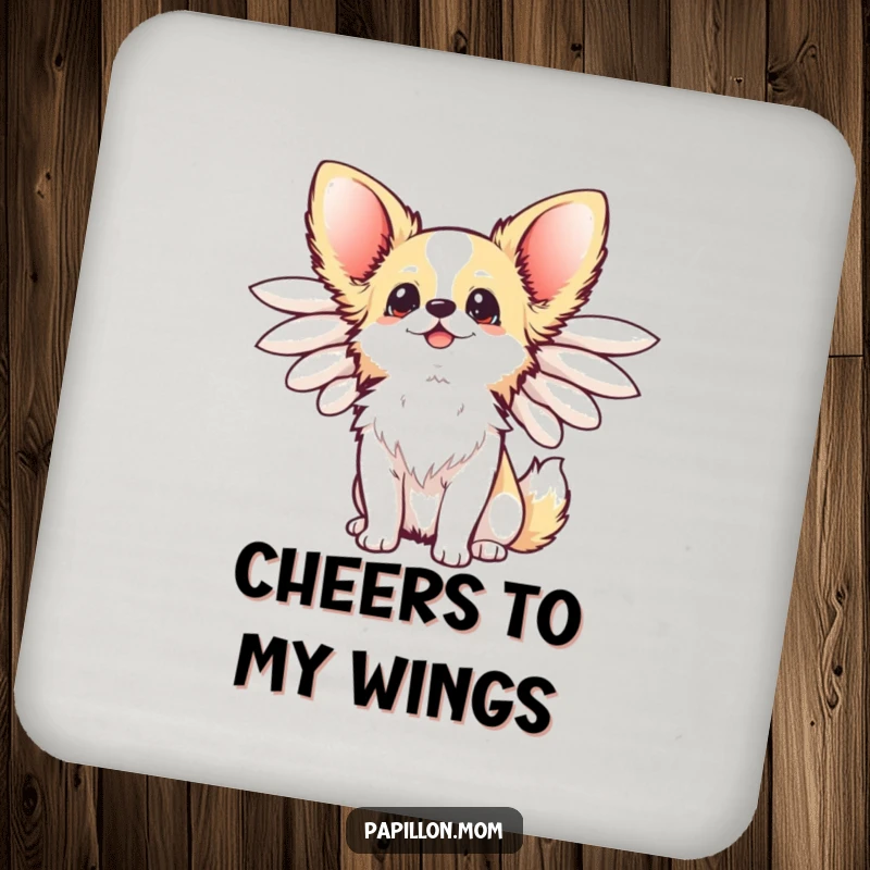 Funny Kawaii Papillon Dog Coaster with elegant wings flared, looking up happily, providing cute, humorous surface protection.