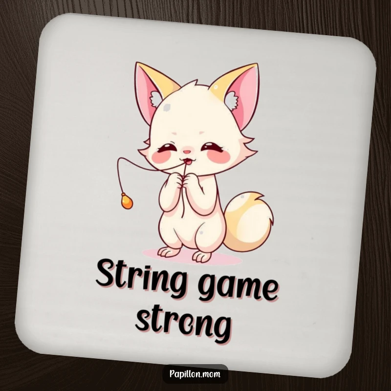 Funny Kawaii Papillon coasters featuring a cute lady playfully batting at a dangling string, perfect for adding fun to your drinks.