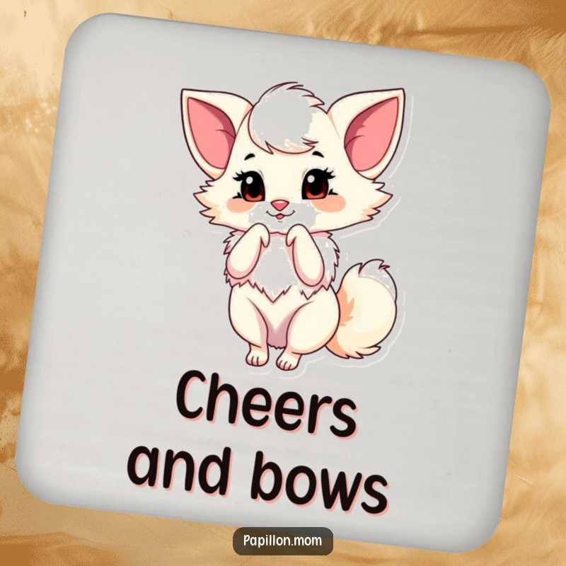 Funny Papillon Coaster set featuring a lady dog doing a graceful little bow, adding a touch of elegant humor to drink protection.