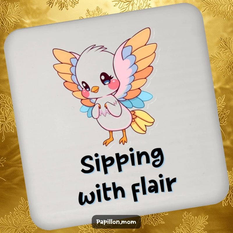 Funny Papillon coaster design of a cute Papillon with elegant wings, gracefully fanning itself, protecting surfaces with chic flair.