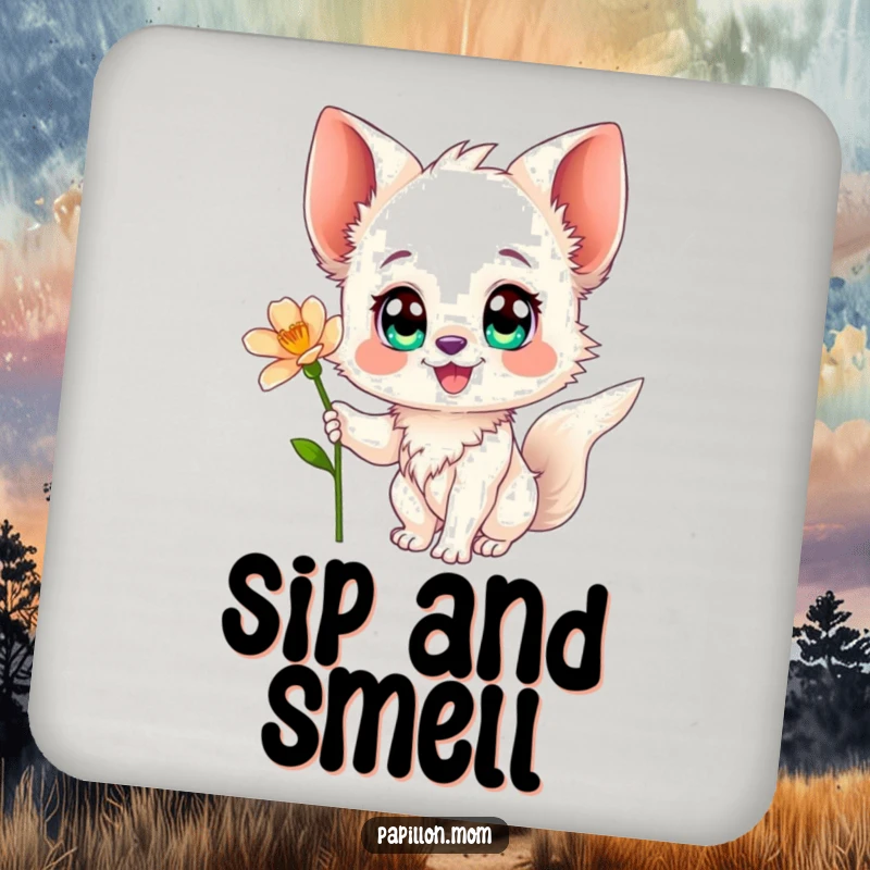 Funny Papillon coaster showing a happy Papillon dog reaching for a flower, protecting surfaces with canine charm and humor.