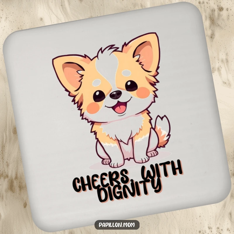 Funny Papillon dog in a polite curtsy pose, featured on a set of charming drink coasters.