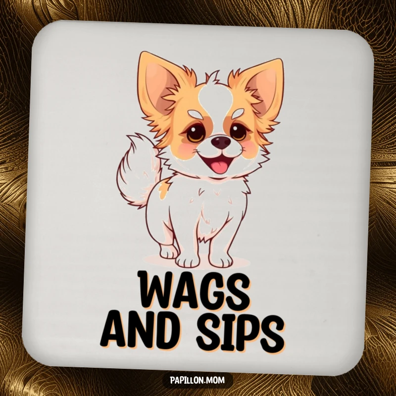 Funny drink coaster with a Papillon dog joyfully wagging its plumed tail, adding playful charm.