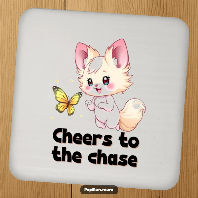 Funny Papillon Lady Coaster showcasing a happy chase after a shimmering butterfly, adding a playful and protective element to any table.
