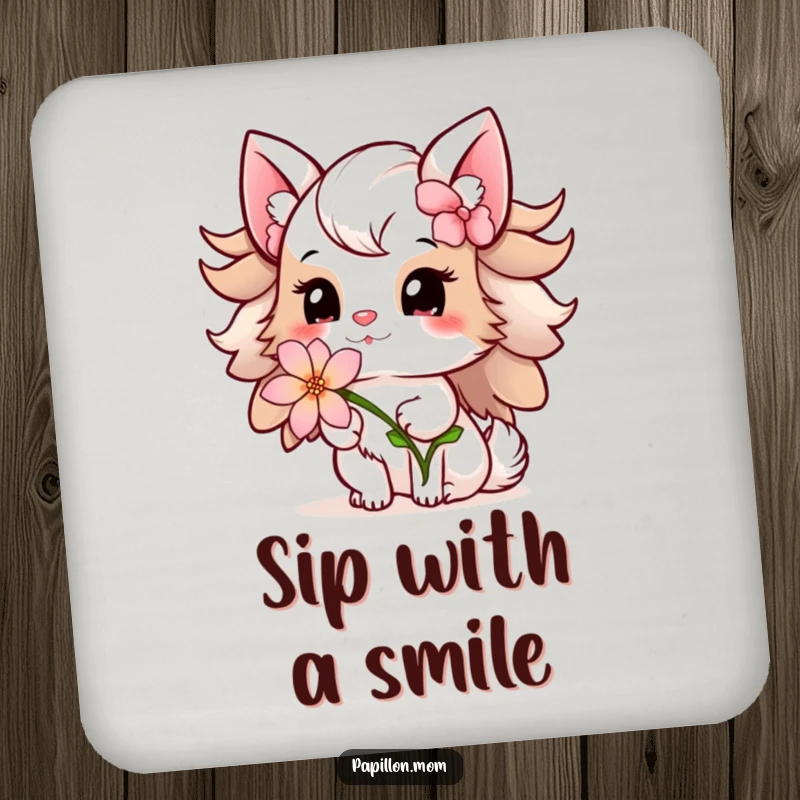 Funny Papillon Lady Coaster showcasing a gentle offering of a delicate flower with a sweet smile, adding a kind and protective element.