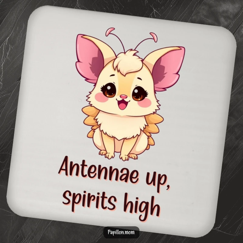 Funny Papillon Lady Coaster, delicate antennae twitching with excitement, a humorous and protective addition to any table.
