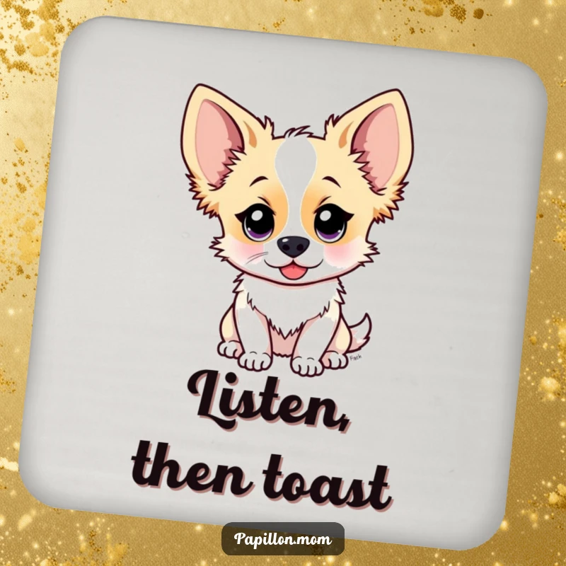 Funny Papillon dog coaster with a cute character whose ears are perked, listening intently, offering surface protection with a touch of playful curiosity.