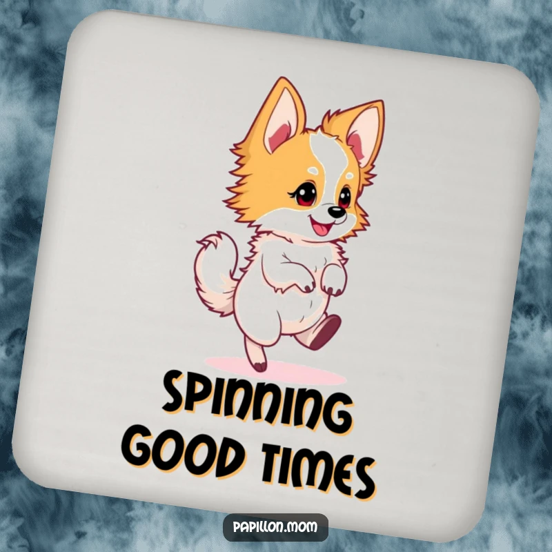 Funny Papillon dog coasters featuring a dog in a swift, energetic twirl, perfect for surface protection and fun.