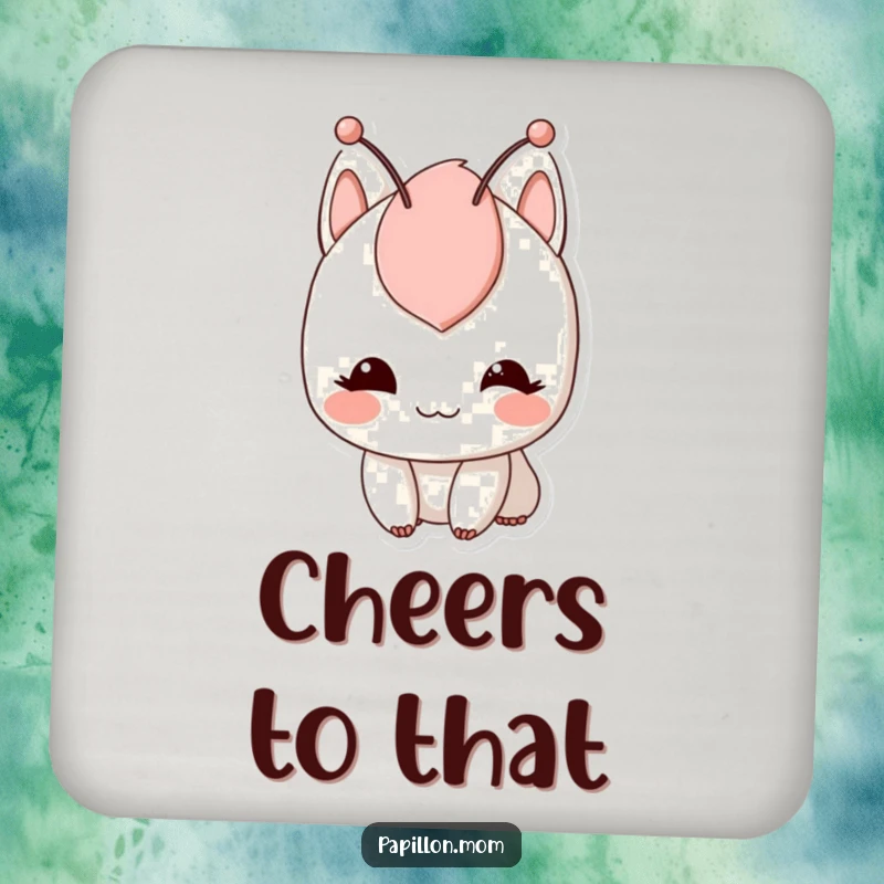 Funny drink coaster showing a character with a gentle smile and twitching antennae, providing playful protection for surfaces.