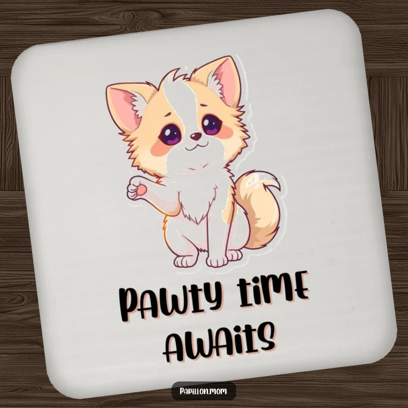 Funny Papillon Coaster set featuring a lady dog playfully extending a paw, adding a touch of friendly humor to drink protection.