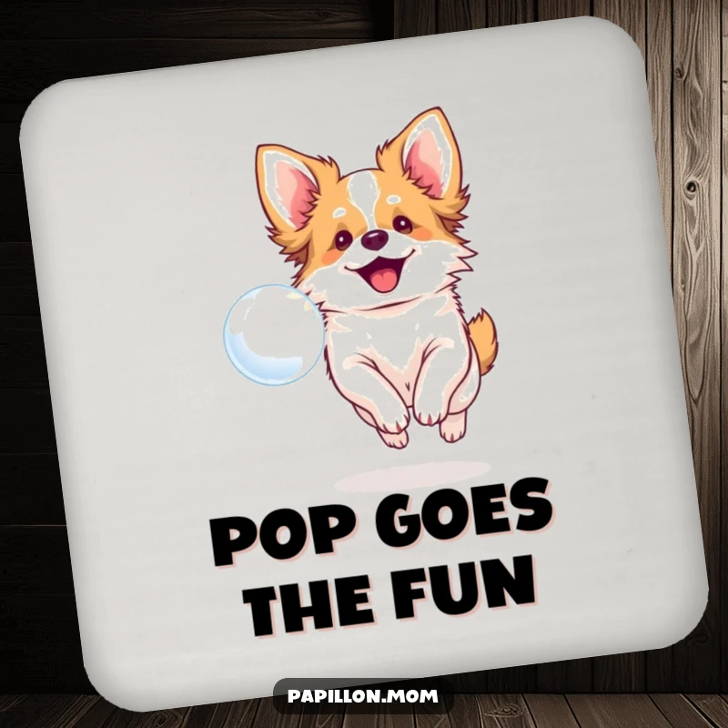 Funny drink coaster with a smiling Papillon dog chasing a bubble, adding playful charm to tabletops.