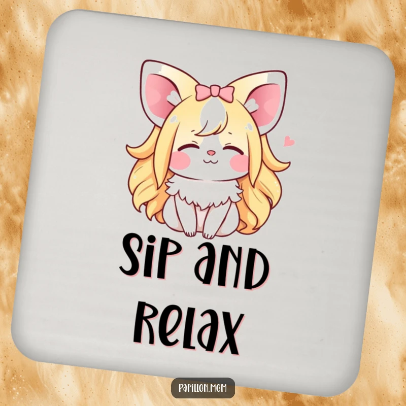Funny Kawaii Papillon Lady drink coaster featuring a dog with closed eyes and a happy sigh, protecting surfaces with cute, humorous charm.