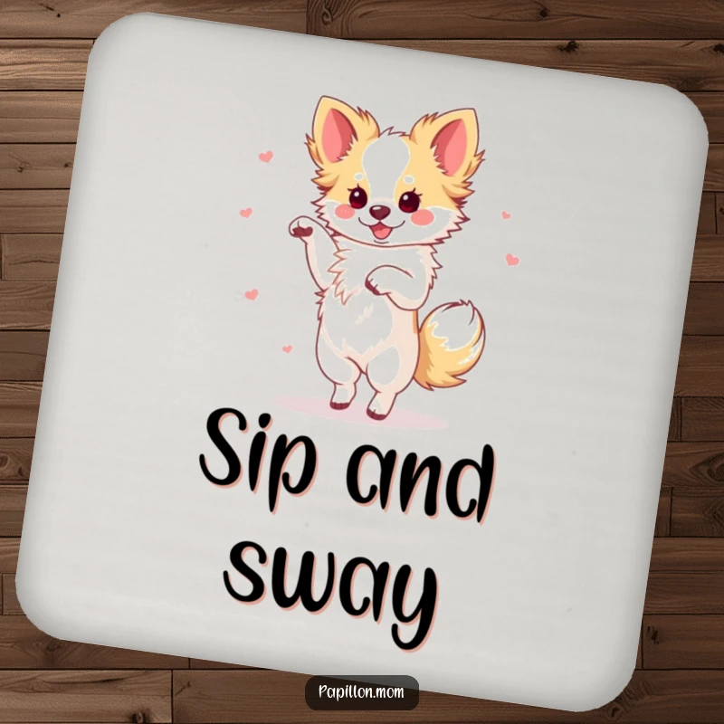 Funny Papillon dog in a graceful dance pose with a flourish, featured on a set of stylish drink coasters.