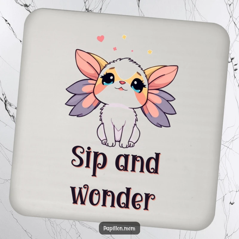 Funny Papillon Coaster set featuring a lady dog looking up at the sky with wonder, adding a touch of dreamy humor to drink protection.