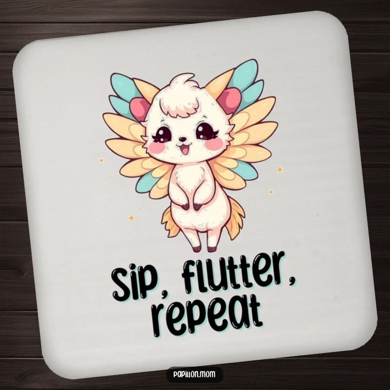 Funny Papillon Lady Coaster showcasing delicate wings fluttering joyfully, adding a cheerful and protective element to any table.