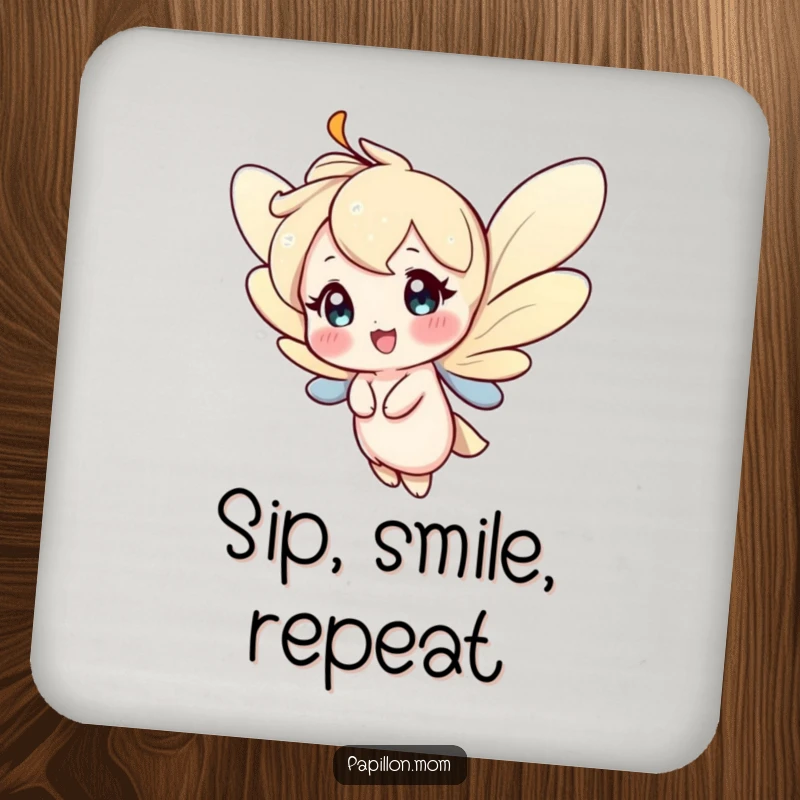 Funny drink coaster with a character fluttering gracefully and happily, adding a touch of joy and protection to surfaces.