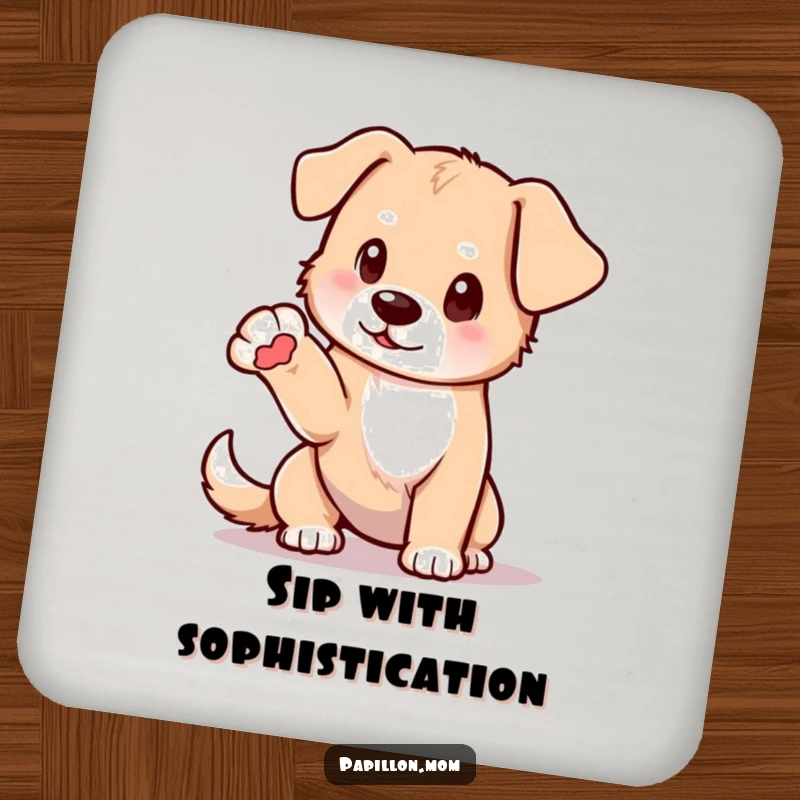 Funny drink coaster with a dog in a delicate pose, one paw elegantly extended; protects surfaces with canine grace.