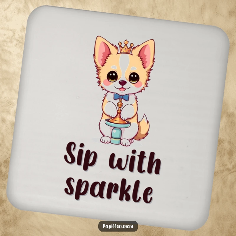 Funny Kawaii Papillon dog coaster, showing a cute French butterfly dog balancing a small, ornate accessory with impeccable style and charm.