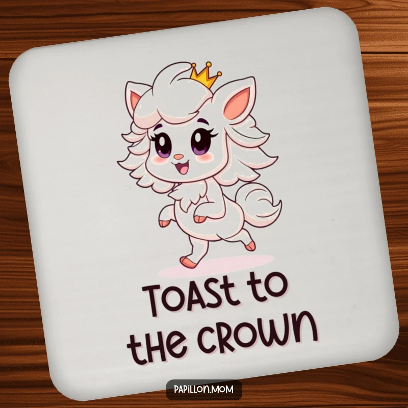 Funny Papillon coaster design of a proud Papillon dog prancing gracefully with a tiny crown, protecting surfaces with royal flair.