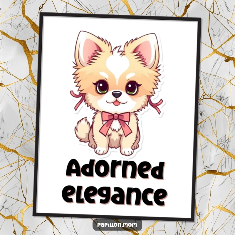 Funny Papillon dog poster featuring a dog elegantly adorned with delicate ribbons, adding artistic flair.