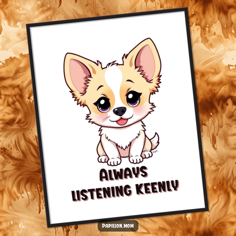 Funny Papillon dog poster showcasing a cute character with ears perked high, intently listening, adding a touch of curious charm to decor.