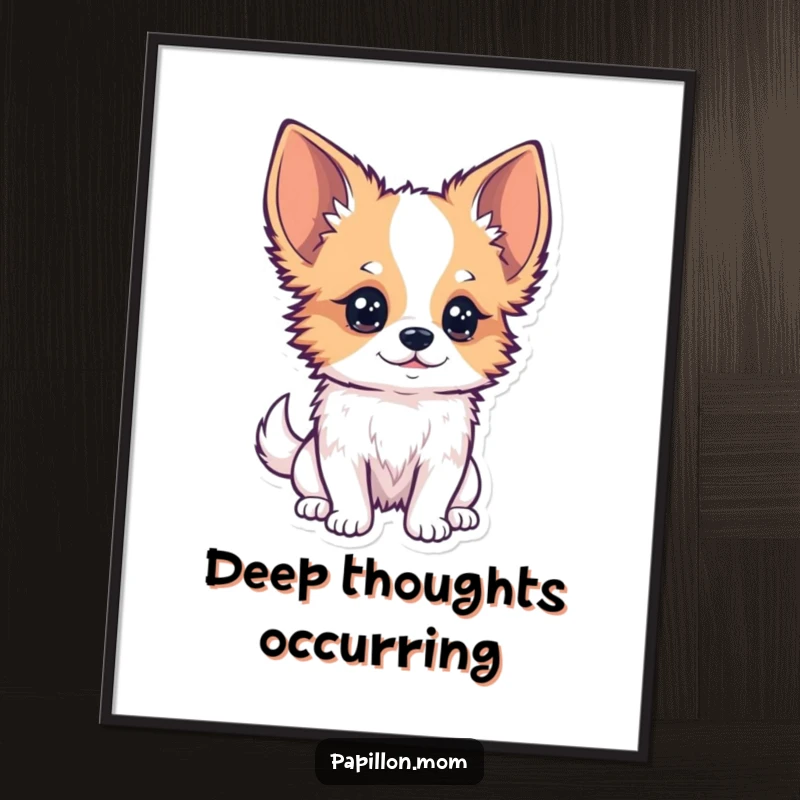 Funny Kawaii Papillon Dog Poster featuring a Papillon dog with a curious tilt of its head, observing closely, thoughtful wall art.