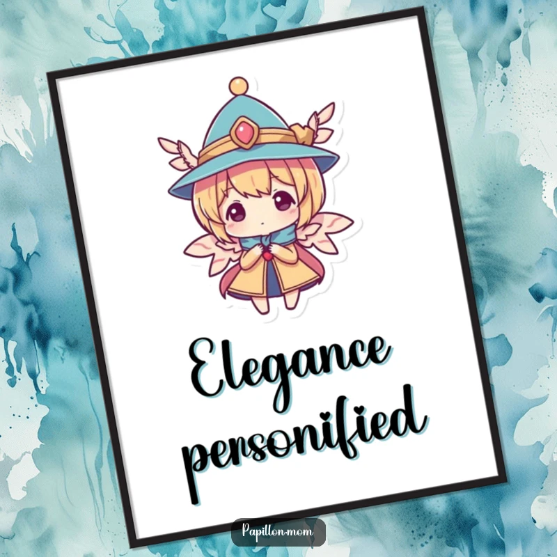 Funny poster of a character sporting a small, elegant hat accented with wings, radiating sophisticated charm and a sense of wonder.