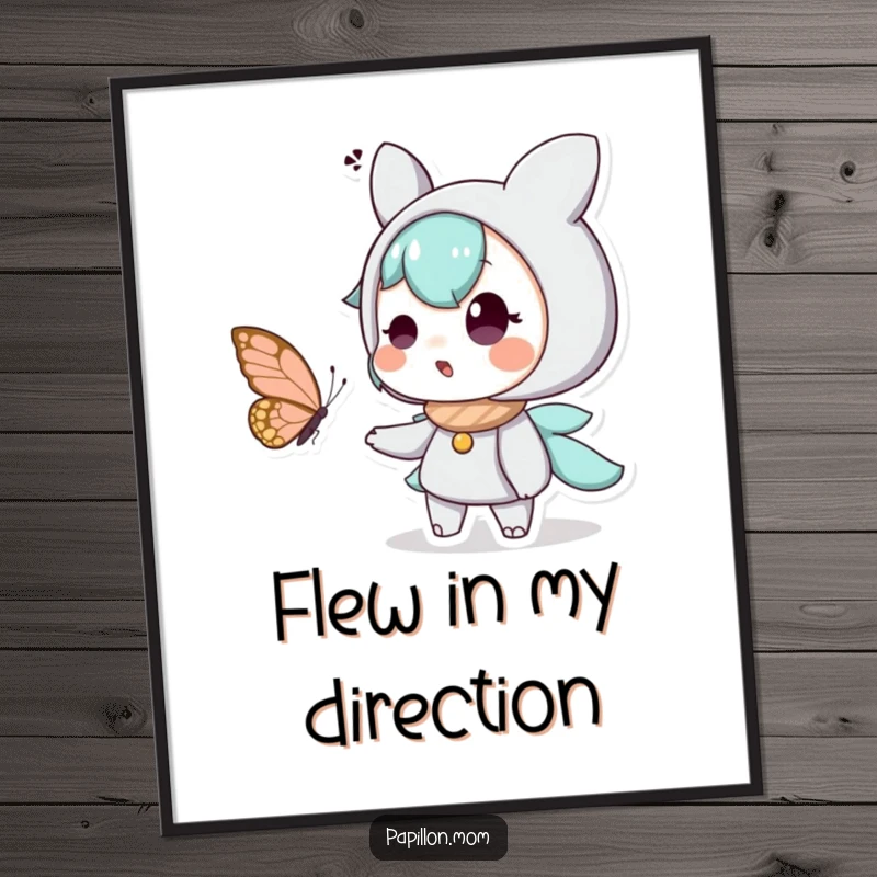 Funny poster showcasing a character’s exact moment of surprised delight watching a butterfly, a vibrant and joyful piece of wall art.