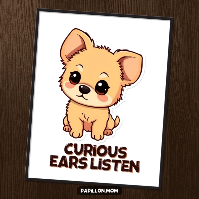 Funny poster print of a small, fluffy dog with large, floppy ears tilting its head with an adorable look of curiosity.