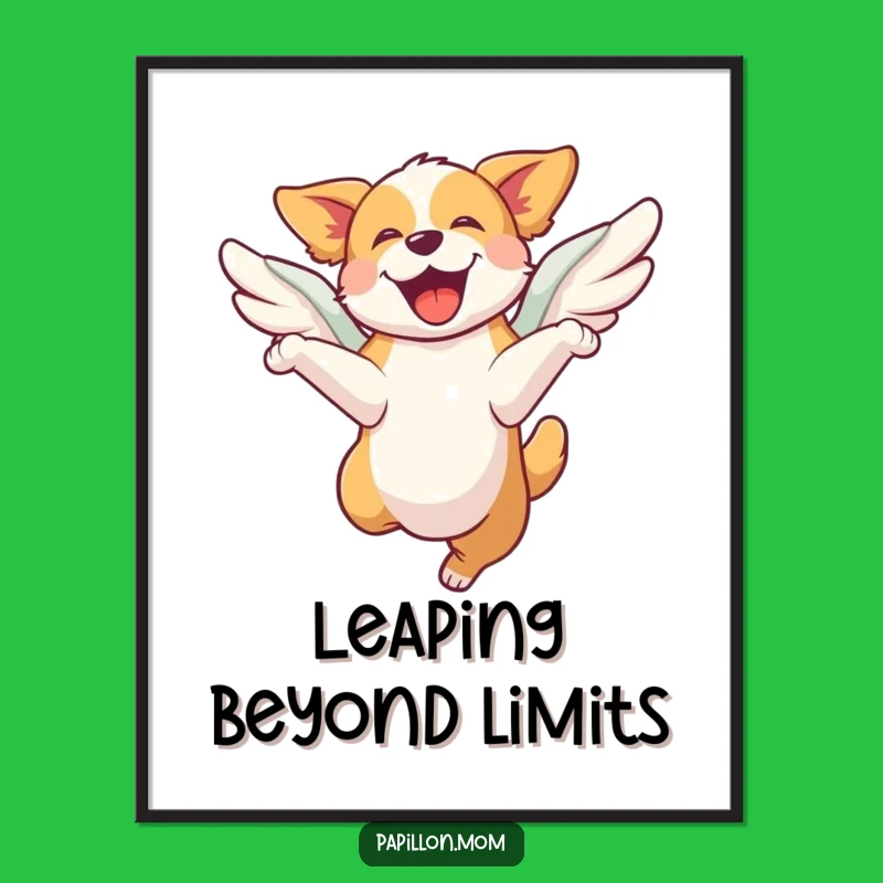 Funny Joyful Dog Poster: Leaping With Wings Art, Wonderful Funny Gift!