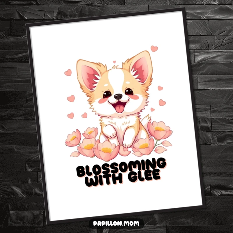 Funny Kawaii Papillon dog poster, featuring a cute French butterfly dog fluttering with pure excitement, surrounded by a cascade of soft, delicate petals.