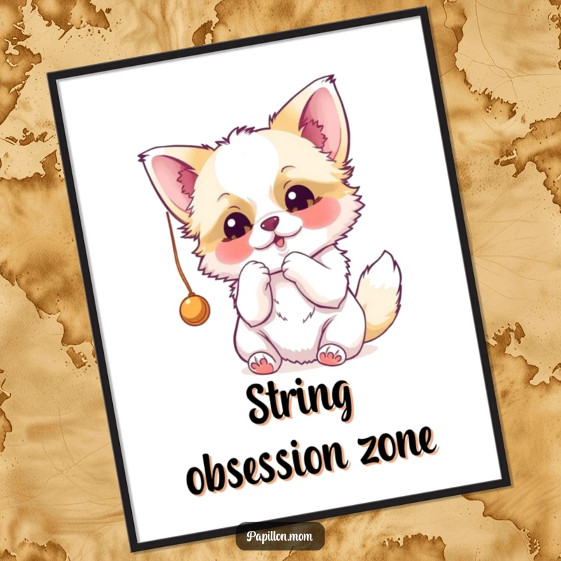 Funny Papillon poster featuring a dog hilariously batting at a dangling string, capturing its playful and captivating personality.