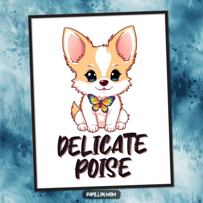 Funny Papillon dog poster illustrating a dog balancing a delicate butterfly on its nose, creating a humorous and artistic statement.