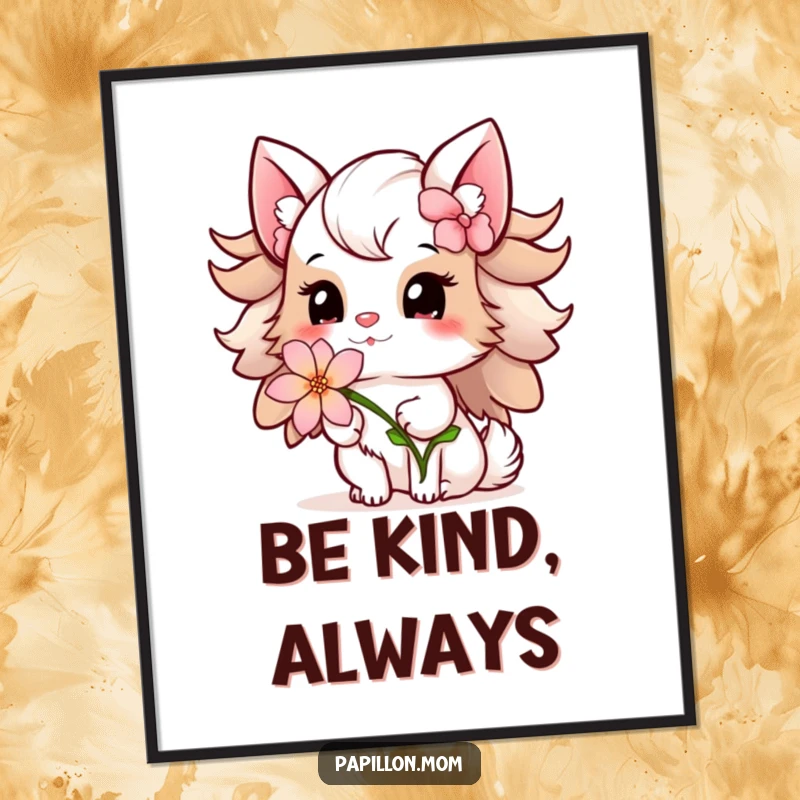 Funny Papillon Lady Poster illustrating a gentle offering of a delicate flower with a sweet smile, bringing a sense of warmth and thoughtful beauty.