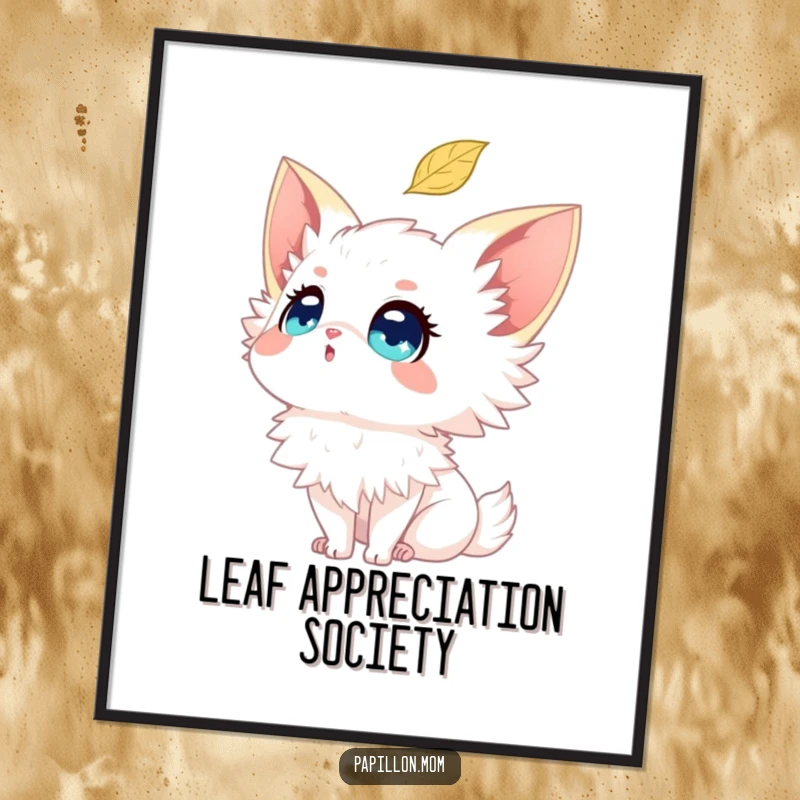 Funny Papillon poster depicting a dog with sparkling eyes gazing up at a solitary falling leaf, evoking enchantment.
