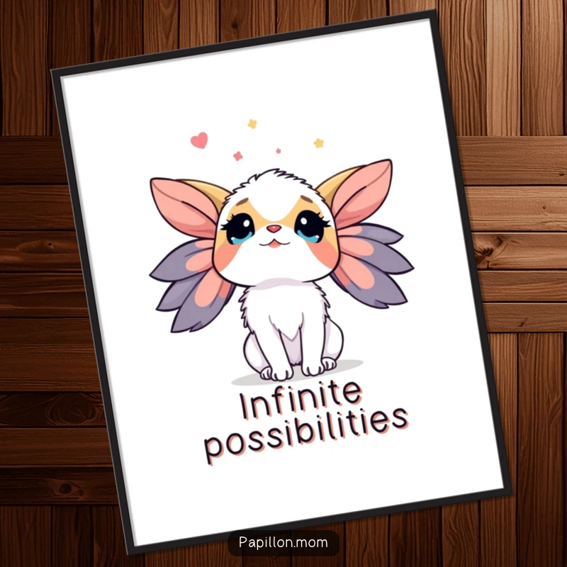 Funny Papillon Poster featuring a lady dog looking up at the sky with wonder, perfect for adding inspiring humor to wall decor.