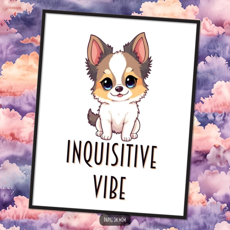 Funny Papillon dog poster highlighting a dog's expressive, bright, and curious face, perfect for wall art.