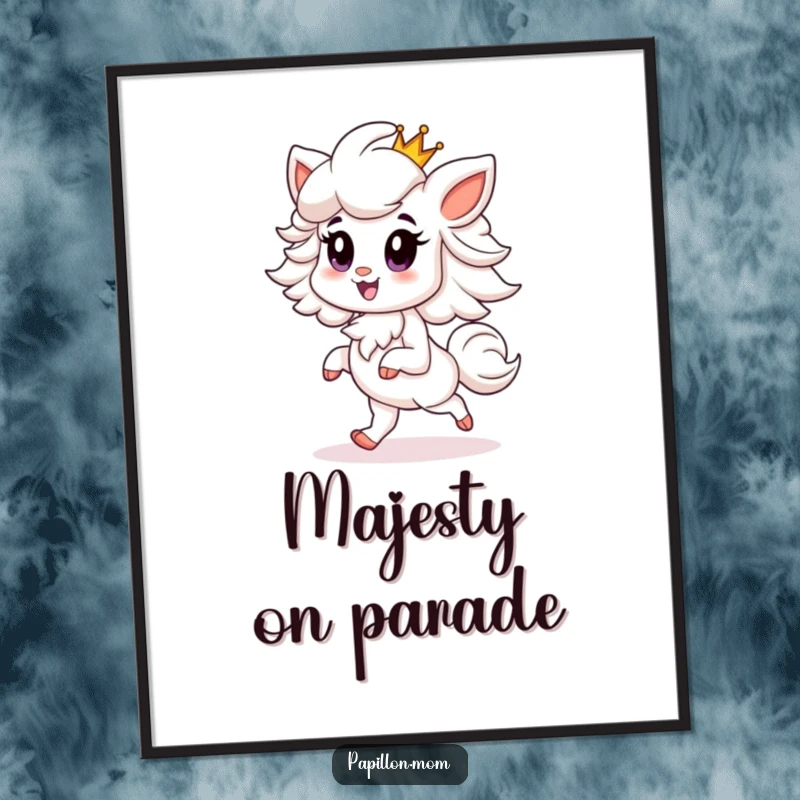 Funny Papillon poster art of a proud Papillon dog prancing elegantly with a tiny crown, conveying a sense of regal splendor.