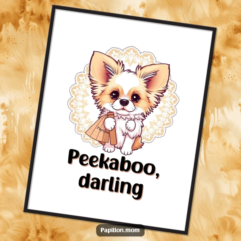 Funny Papillon dog’s face peeking curiously from behind a grand, intricate lace fan, as sophisticated wall art.